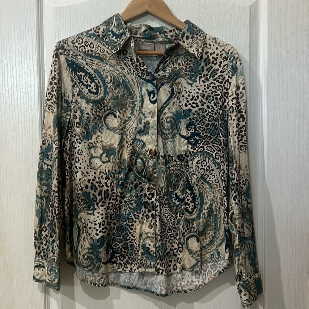 Chico's Teal and Cream Paisley Button Down Shirt